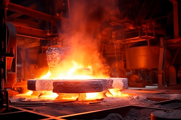 Planta metalúrgica Fusión de metales en un gran caldero Metal fundido Metalurgia Generación de IA