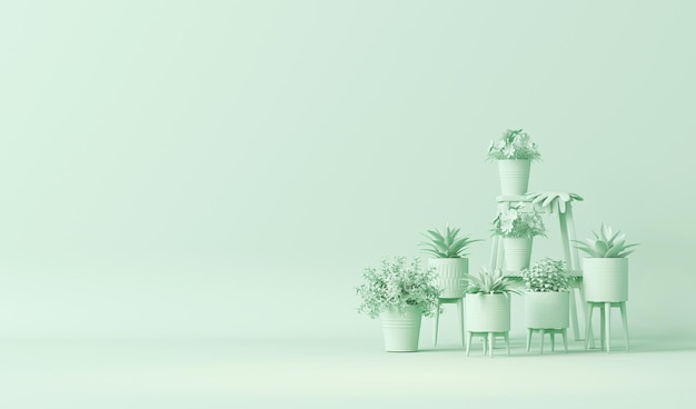 Planta monocromática verde e vaso em fundo azul pastel 3d renderização