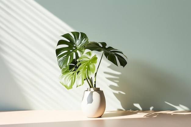 La planta de Monstera en el jarrón de vidrio transparente se encuentra en el fondo de la pared blanca y plana