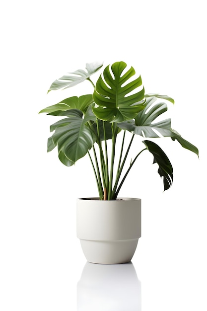 Planta Monstera en maceta de cerámica fondo blanco.