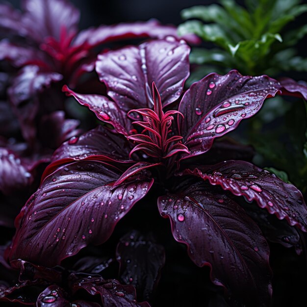 una planta morada con gotas de agua sobre ella