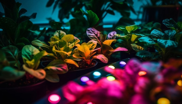 Una planta multicolor vibrante ilumina el exterior oscuro con una belleza resplandeciente generada por inteligencia artificial
