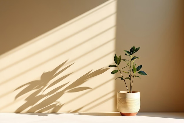 Planta na mesa à luz do sol com longas sombras no fundo da parede bege espaço vazio Generative AI