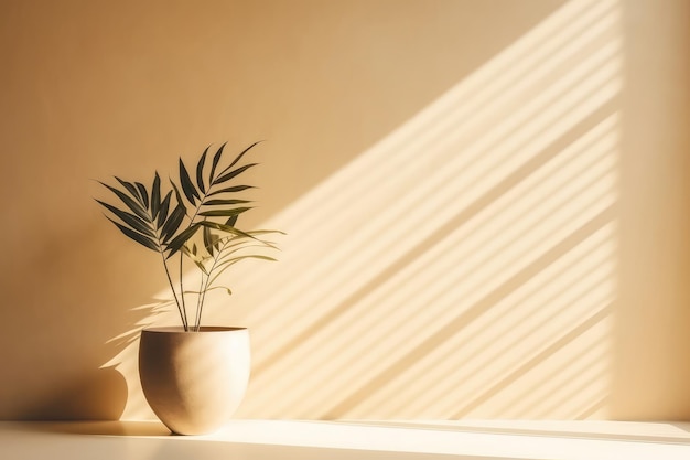 Planta na mesa à luz do sol com longas sombras no fundo da parede bege espaço vazio Generative AI