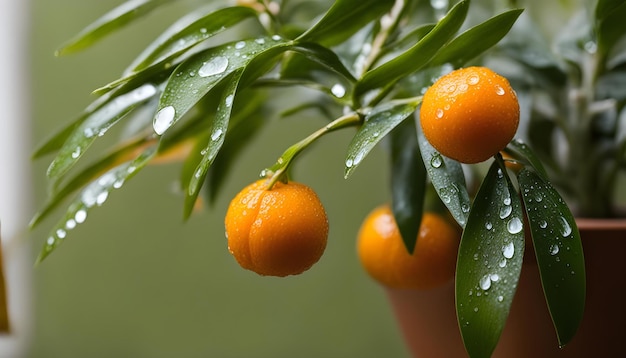 una planta con naranjas y hojas verdes que están húmedas