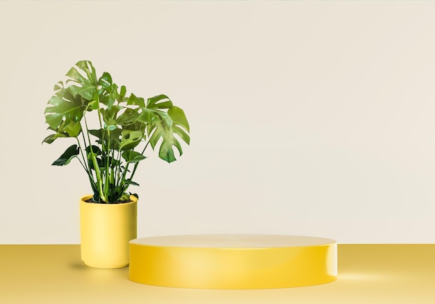 Planta natural em um vaso amarelo na mesa com pódio de exibição de produtos cosméticos ou de beleza