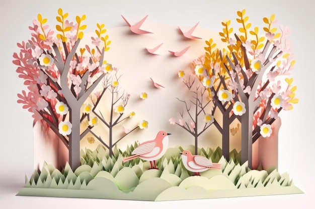 Planta natural de la temporada de primavera y pájaros sobre fondo blanco en color pastel y estilo artesanal de papel