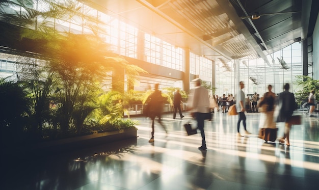 Planta no terminal do aeroporto com pessoas andando ao redor no estilo de paisagens borradas