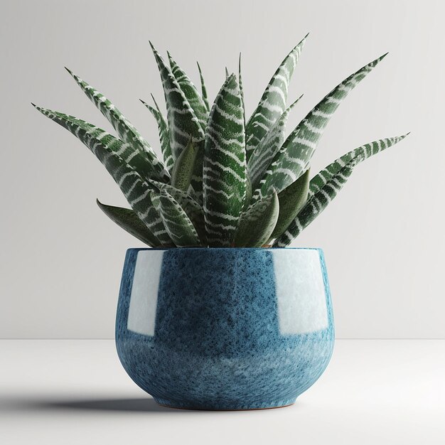 una planta en una olla azul está sentada en una mesa.