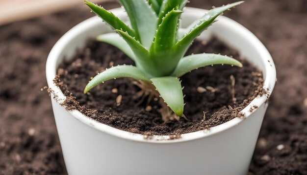 una planta en una olla blanca con una planta verde en ella