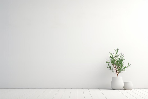 una planta en una olla blanca se sienta en un piso de madera.