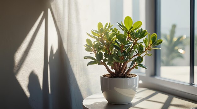 Foto una planta en una olla blanca se sienta en el umbral de una ventana