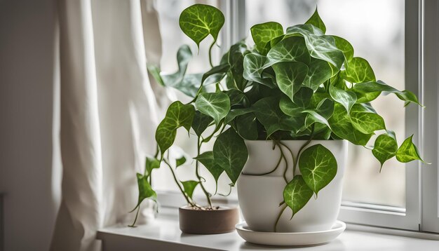 una planta en una olla blanca se sienta en el umbral de una ventana