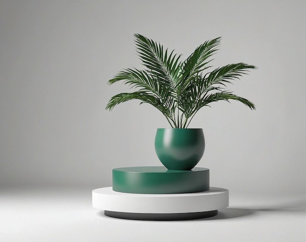 una planta en una olla verde en un pedestal blanco