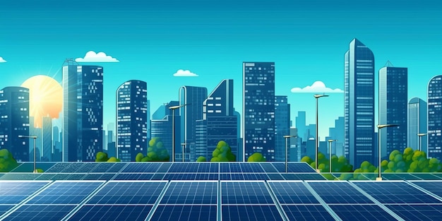 Planta de paneles solares renovables de energía ecológica con hitos del paisaje urbano