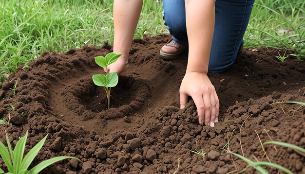 Planta pequena no solo mãos plantando árvore jovem