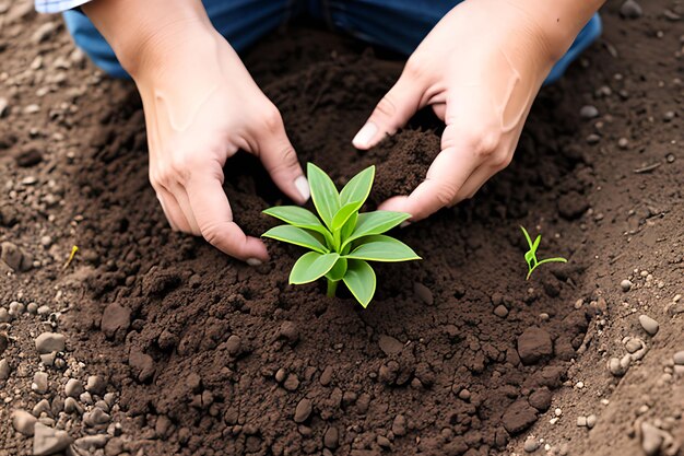 Planta pequena no solo mãos plantando árvore jovem