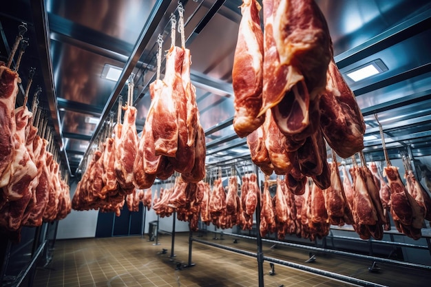 Planta procesadora de carne Carne criada para su posterior procesamiento en la sala de producción Llegada de jamón o embutidos Producto cárnico fresco natural Producción de carne de cerdo o ternera en una empresa moderna