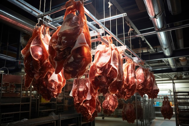 Planta procesadora de carne Colgando carne en la sala de producción Llegada de jamón o embutidos Producto cárnico fresco natural Producción de carne de cerdo o vacuno en la empresa