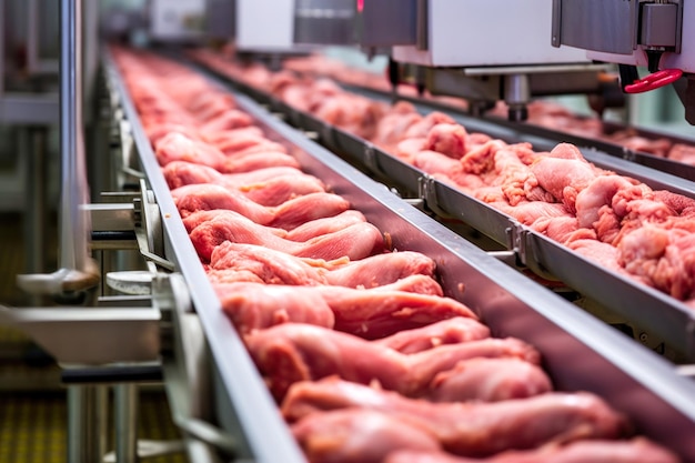 planta procesadora de carne procesamiento de carne de pollo trozos de filete de pollo están en el transportador