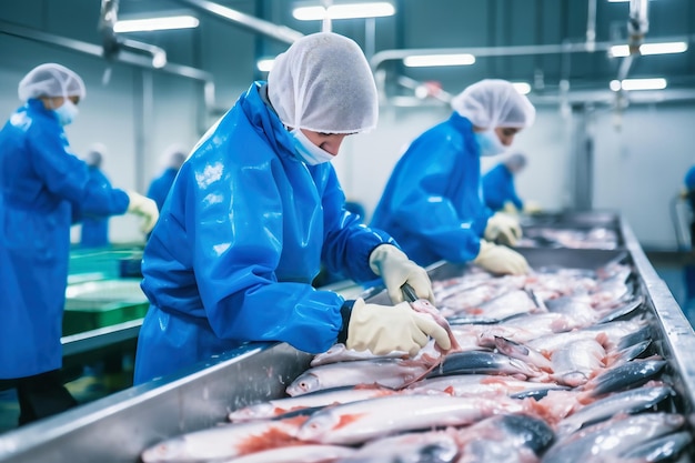 Planta procesadora de pescado Línea de producción Las personas clasifican el pescado que se mueve a lo largo del transportador Clasificación y preparación de pescado Producción de pescado enlatado industria alimentaria moderna