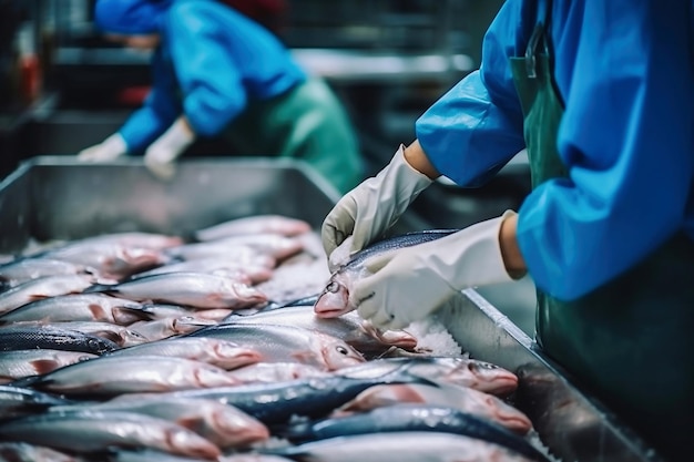 Planta procesadora de pescado Línea de producción Las personas clasifican el pescado que se mueve a lo largo del transportador Clasificación y preparación de pescado Producción de pescado enlatado industria alimentaria moderna