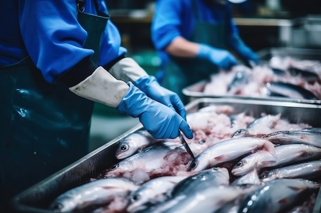 Planta procesadora de pescado Línea de producción Las personas clasifican el pescado que se mueve a lo largo del transportador Clasificación y preparación de pescado Producción de pescado enlatado industria alimentaria moderna