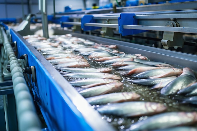 Planta procesadora de pescado Línea de producción Pescado de mar crudo en una cinta transportadora de fábrica Producción de pescado enlatado industria alimentaria moderna