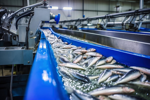 Planta procesadora de pescado Línea de producción Pescado de mar crudo en una cinta transportadora de fábrica Producción de pescado enlatado industria alimentaria moderna