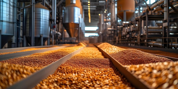 Una planta de procesamiento de granos ocupada llena con el olor de granos frescos Concepto Planta de procesamento de granos Maquinaria industrial de olor de grano fresco Medio ambiente ocupado Instalación de producción