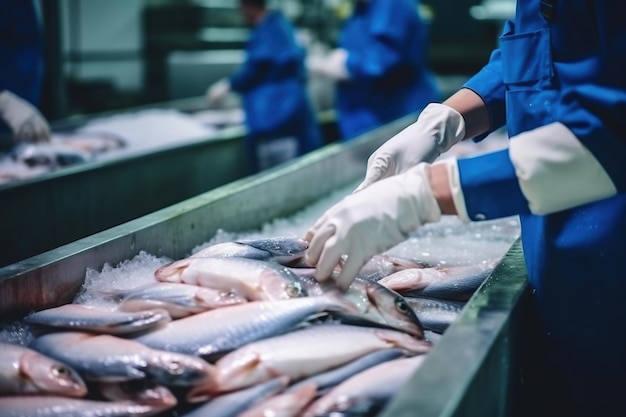 Planta de procesamiento de pescado Las personas clasifican el pescado que se mueve a lo largo del transportador Clasificación y preparación del pescado