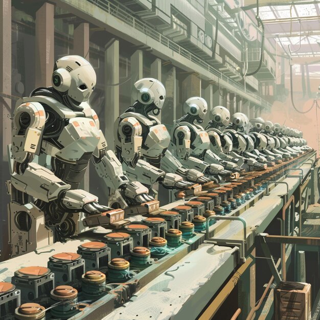 Planta de procesamiento de robots con robots que trabajan juntos como uno sincronizado y productivo