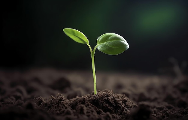 Una planta que brota del suelo con un fondo oscuro.