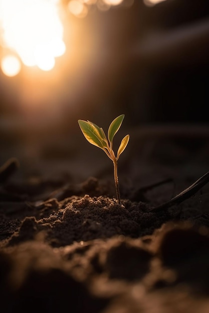Una planta que crece en la arena con una luz detrás