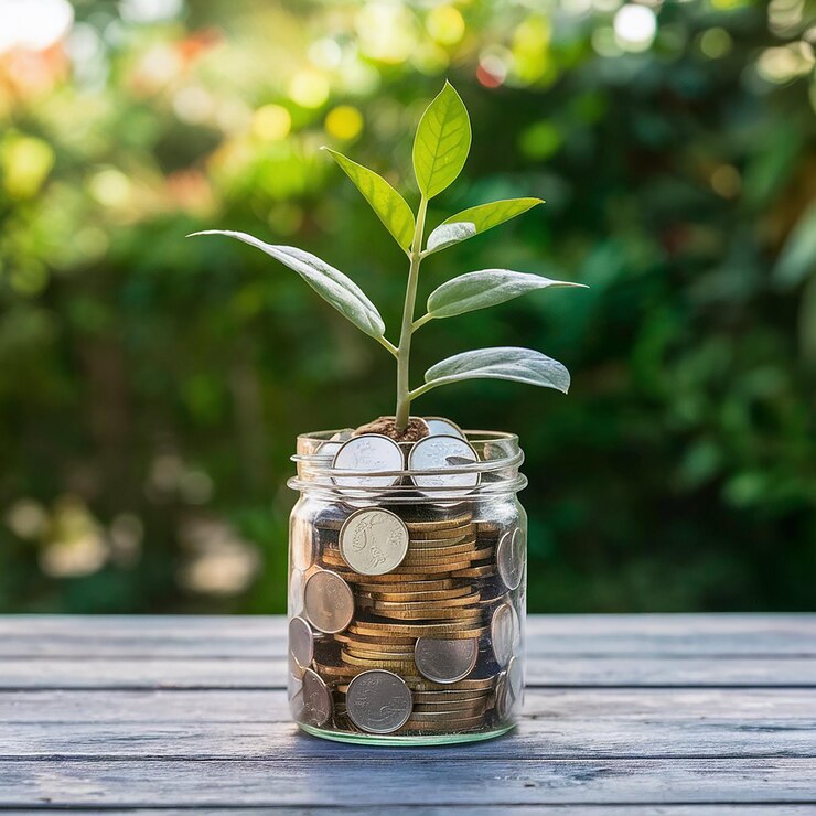Planta que crece fuera de la jarra de monedas en la mesa en la oficina con el concepto de inversión y negocio