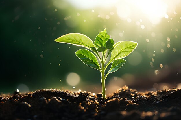 Planta que crece con las gotas de lluvia que caen en el arte de la luz solar