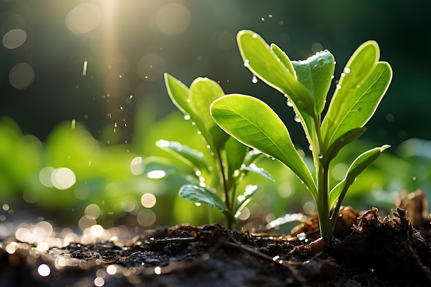 Una planta que crece con las gotas de lluvia que caen a la luz del sol