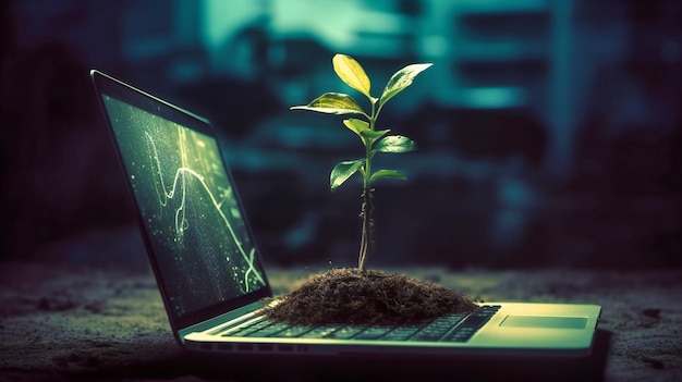 Una planta que crece desde una pantalla de computadora