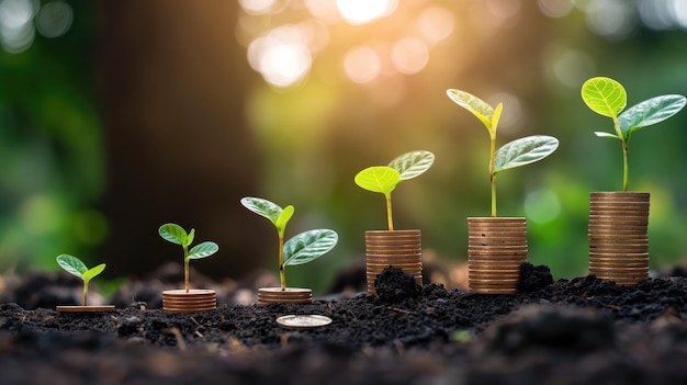 Foto una planta que crece a partir de una pila de monedas con una plantilla que crece fuera de ella concepto de finanzas e inversión