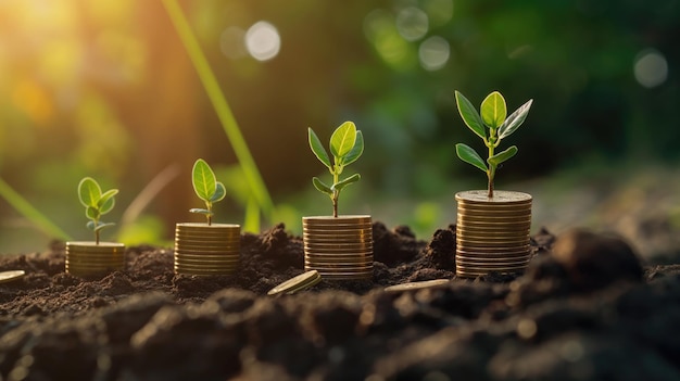 una planta que crece de una pila de monedas con el sol brillando detrás de ellos