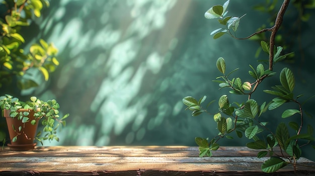 una planta que crece en una repisa de madera con el sol brillando a través de las hojas