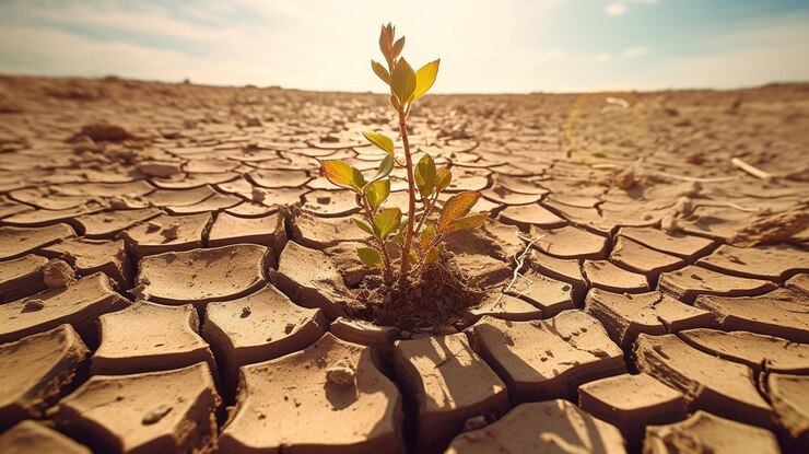 Planta que crece en el suelo agrietado concepto de calentamiento global generativo ai