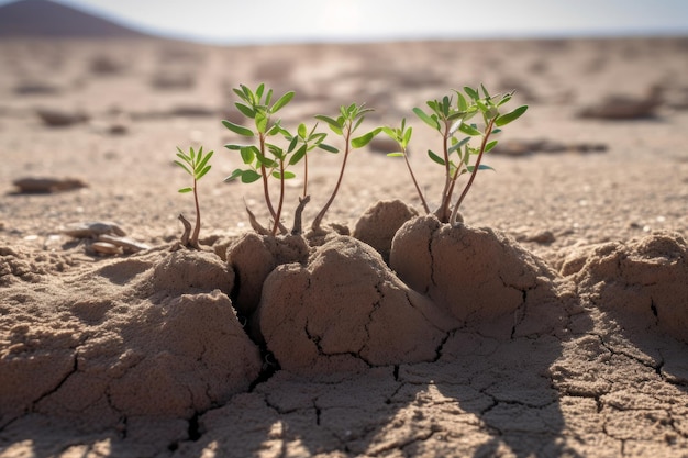 planta que crece en el suelo barro seco del desierto