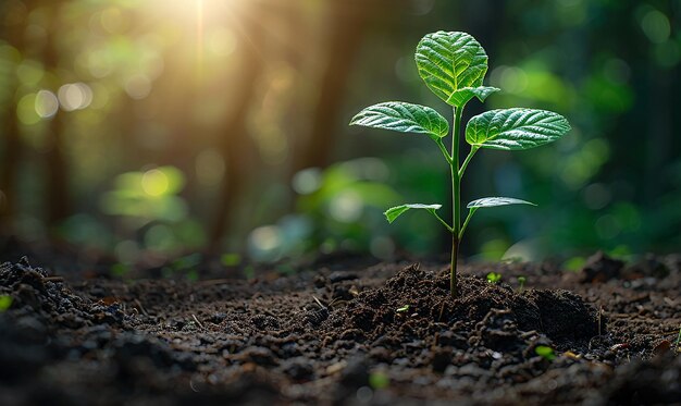 una planta que crece en un suelo con el sol brillando detrás de ella