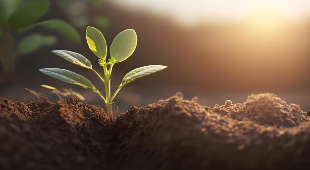 Una planta que crece en el suelo con el sol brillando sobre ella.