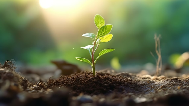 Una planta que crece en el suelo con el sol brillando sobre ella