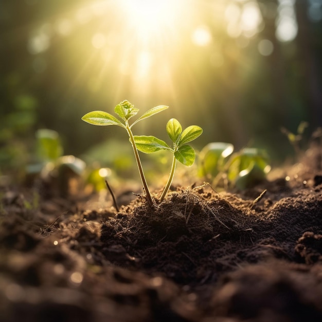 Una planta que crece en el suelo con el sol brillando a través de ella.