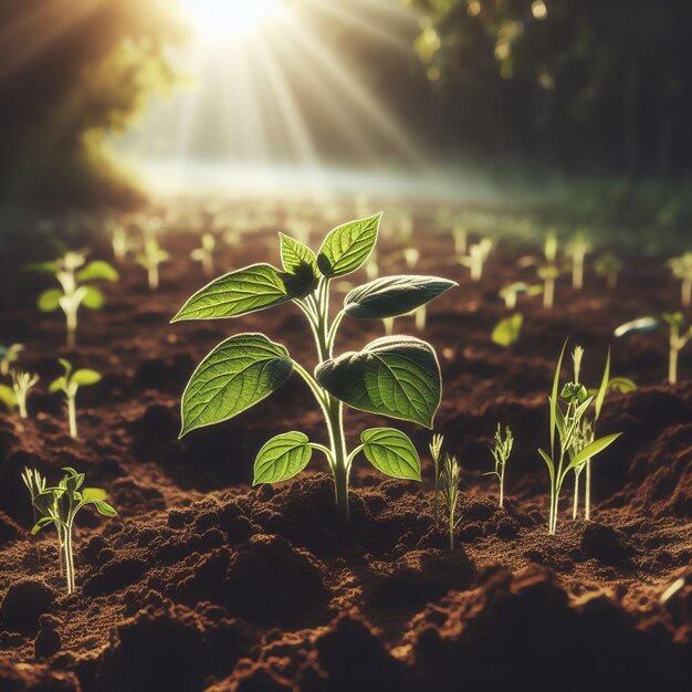 Planta que crece en tierras de cultivo o bosques con luz solar durante el día que representa la hora del Día Mundial de la Tierra