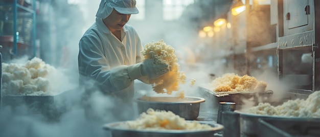 En la planta que produce alimentos de queso un trabajador maneja una máquina de formación