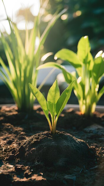 Foto planta recién germinada en la suave luz del sol hojas verdes vibrantes plantas de fondo borroso setti al aire libre